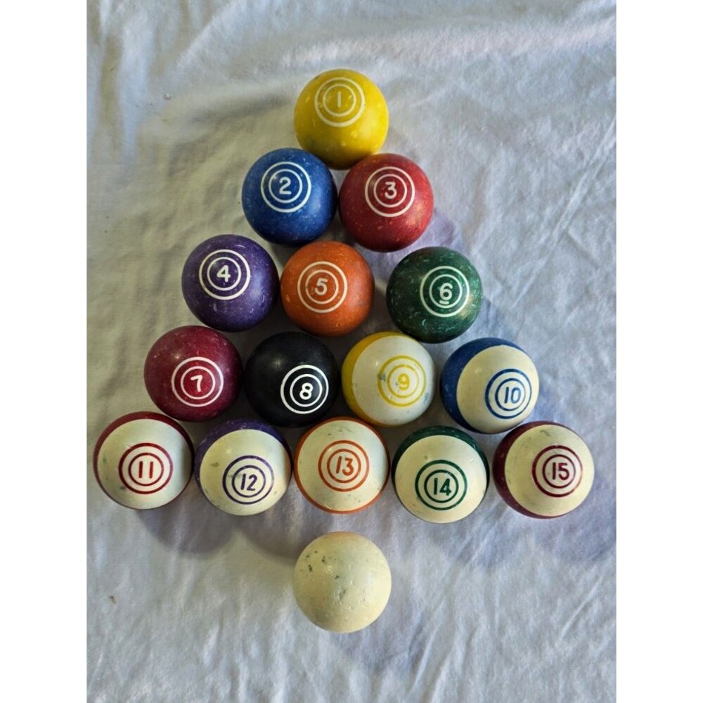 Vintage Tru-Line "Double Circle" Pocket Billiard Pool Balls Complete Set + Cue